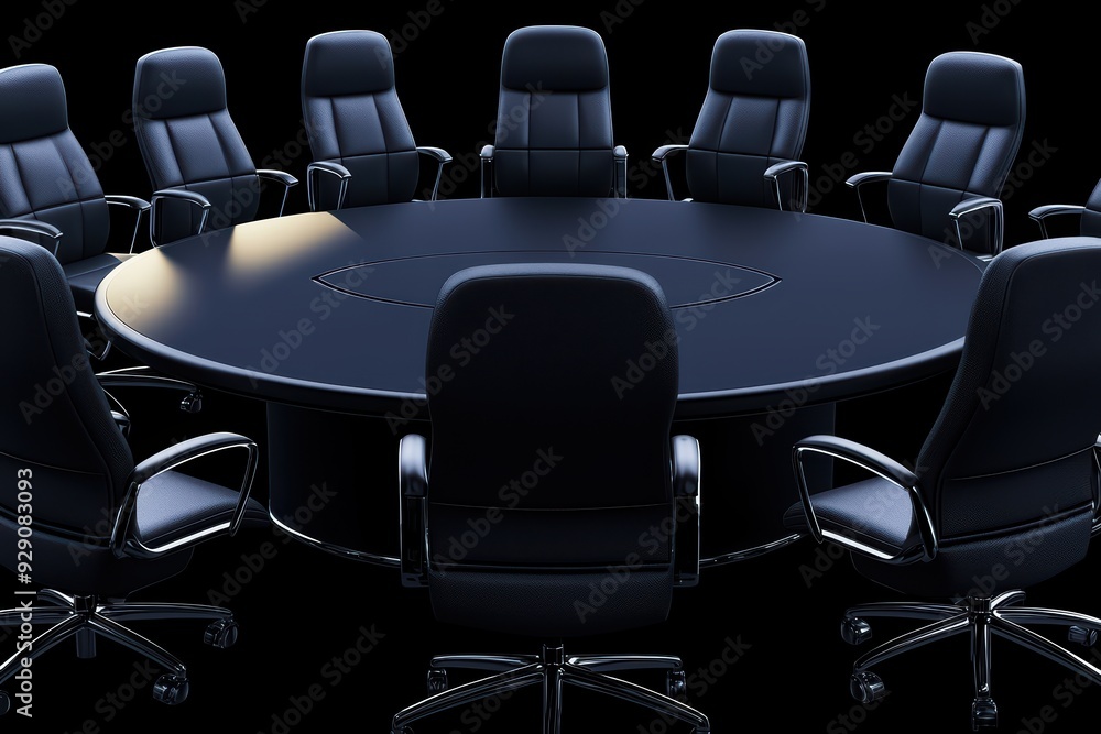 Obraz premium A modern conference room featuring a large circular table surrounded by executive chairs, ideal for meetings and discussions.