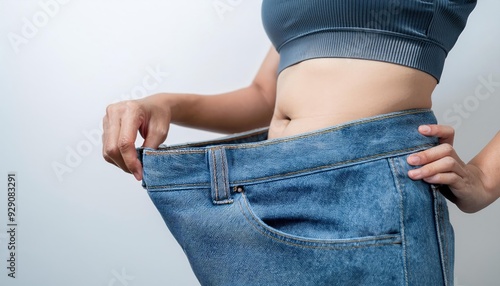 A person showcasing loose jeans as a symbol of weight loss success, emphasizing transformation and healthy lifestyle. photo