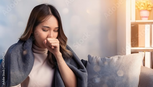 A thoughtful woman wrapped in a blanket, showing signs of contemplation or concern while sitting indoors by a sunlit window.