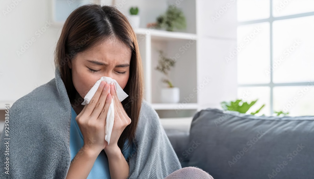 A young woman with a blanket sneezes into a tissue, showcasing a moment of discomfort and vulnerability at home. A young woman with a blanket sneezes into a tissue, showcasing a moment of discomfort and vulnerability at home.