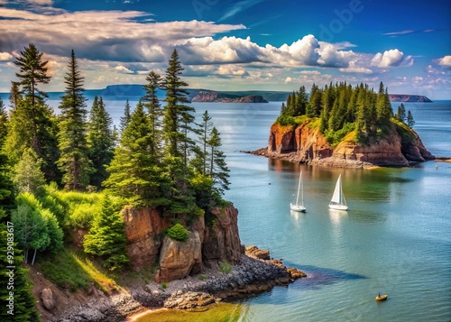 Scenic coastal landscape of Deer Island, New Brunswick, Canada, featuring rugged shoreline, evergreen trees, and sailboats in the distant Bay of Fundy.
