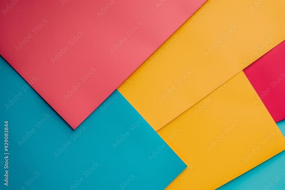 Vibrant sheets of colored paper arranged in overlapping layers, creating a striking and abstract pattern of pink, blue, and yellow. Vibrant sheets of colored paper arranged in overlapping layers, creating a striking and abstract pattern of pink, blue, and yellow.