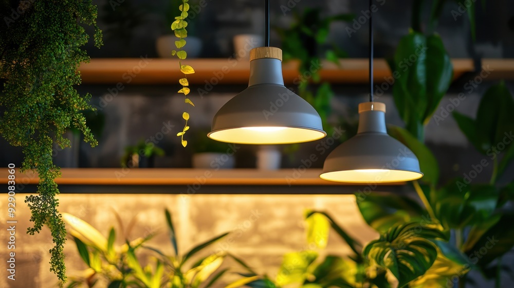 Obraz premium Pendant lights illuminate a modern kitchen filled with vibrant plants, creating a warm and inviting atmosphere