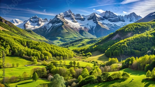 Scenic mountain landscape of the Alto Gállego region in the Spanish Pyrenees, with lush green valleys and towering snow-capped peaks under a clear blue sky. photo