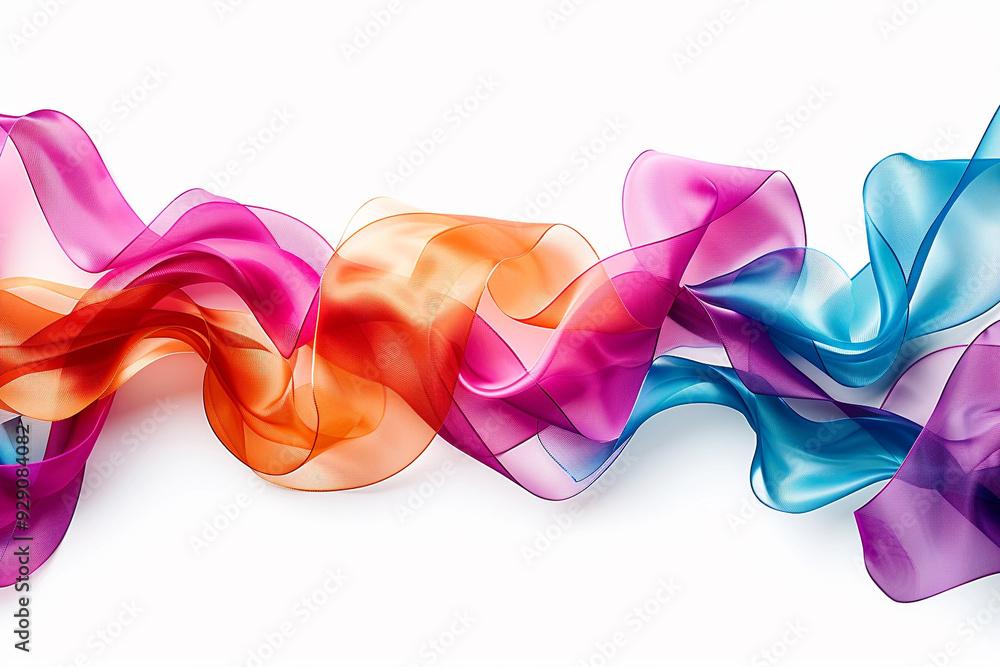 Obraz premium A cascade of multicolored satin ribbons flowing gracefully against a pure white background.