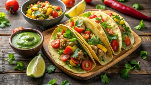 Mexican tacos with guacumole sauce. A vibrant display of Mexican cuisine featuring tacos with assorted fillings and fresh condiments on a wooden board photo