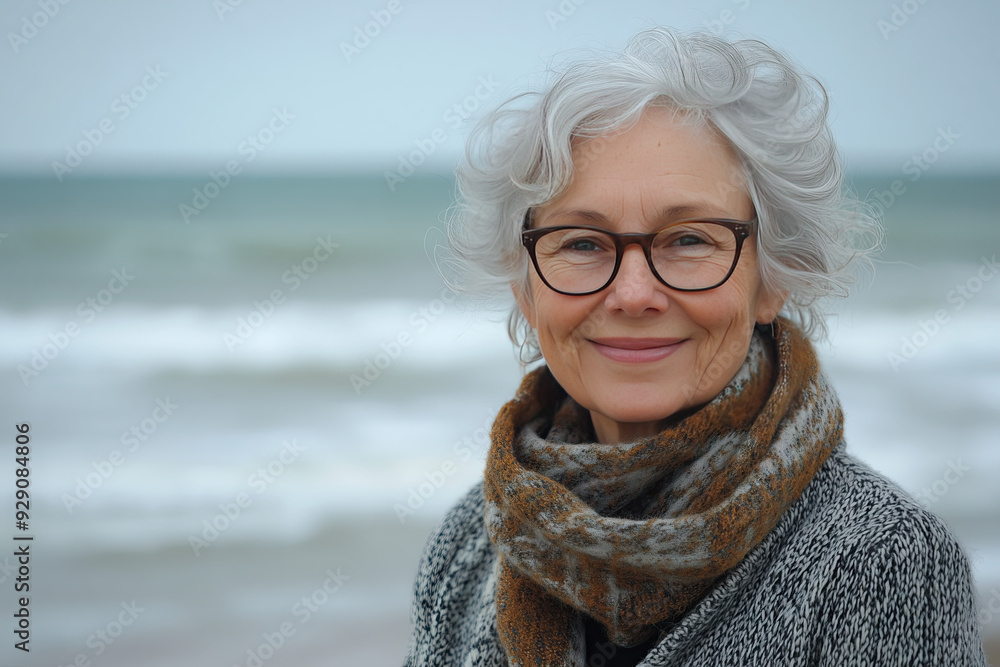Senior woman with gray hair smiling at the seaside Senior woman with gray hair smiling at the seaside