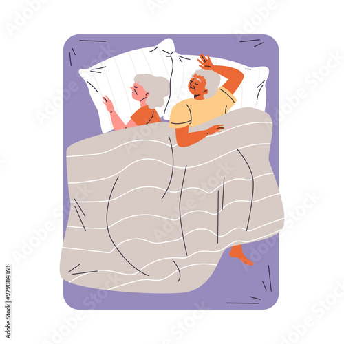 Elderly couple sleeping together on bed flat illustration.