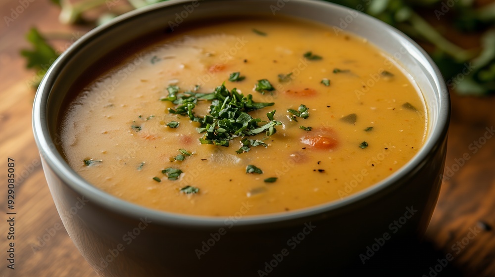 A bowl of creamy soup garnished with fresh herbs, ready to be served. A bowl of creamy soup garnished with fresh herbs, ready to be served.