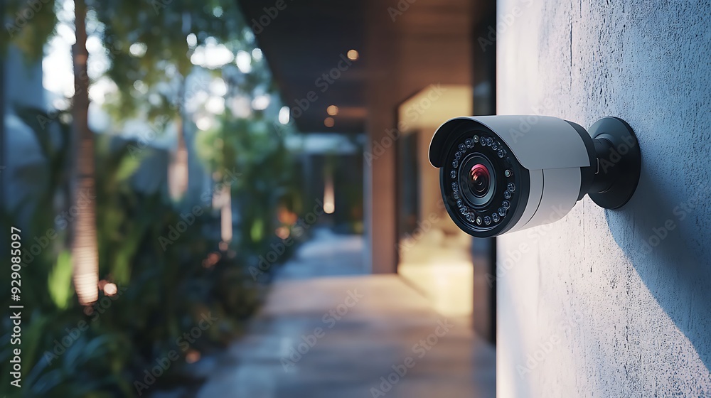 Close-up of a modern security camera mounted on a building wall, monitoring a sleek, well-lit exterior with greenery. Close-up of a modern security camera mounted on a building wall, monitoring a sleek, well-lit exterior with greenery.