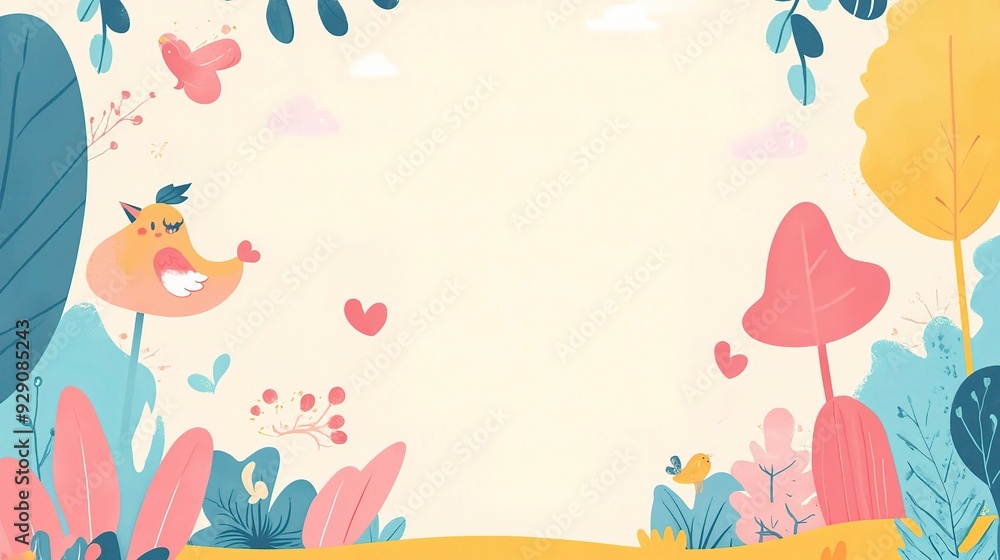 Whimsical Springtime Border: A delightful cartoon illustration of a whimsical bird with a heart-shaped beak Whimsical Springtime Border: A delightful cartoon illustration of a whimsical bird with a heart-shaped beak