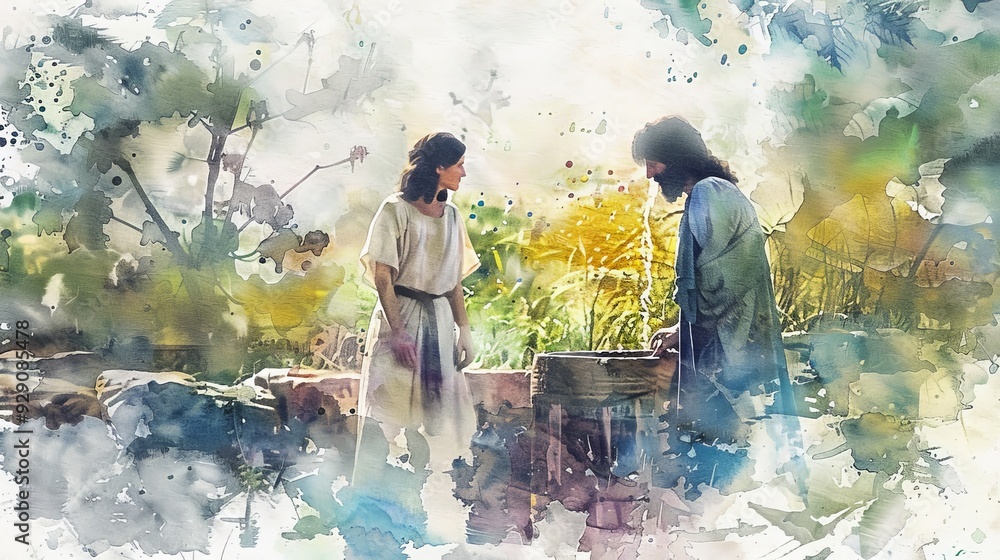 Jesus and the Samaritan woman at the well, using soft watercolor washes ...