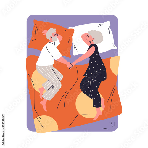 An elderly couple holding hands while sleeping. Flat style on isolated background.