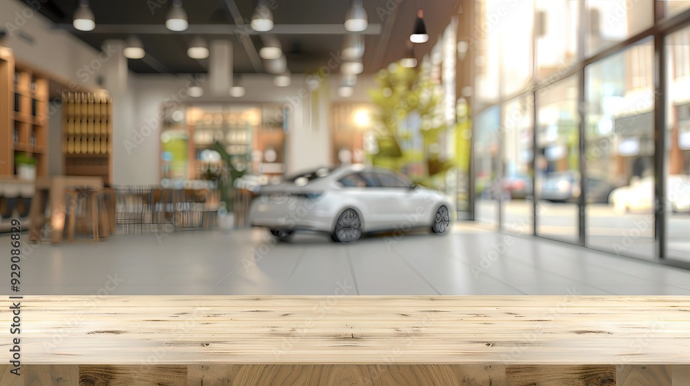 Wooden Display Table in Modern Car Showroom with Blurred White Cars and Bright Lights Background – Perfect for Auto Dealerships, Vehicle Exhibitions, and Sales Promotions Wooden Display Table in Modern Car Showroom with Blurred White Cars and Bright Lights Background – Perfect for Auto Dealerships, Vehicle Exhibitions, and Sales Promotions