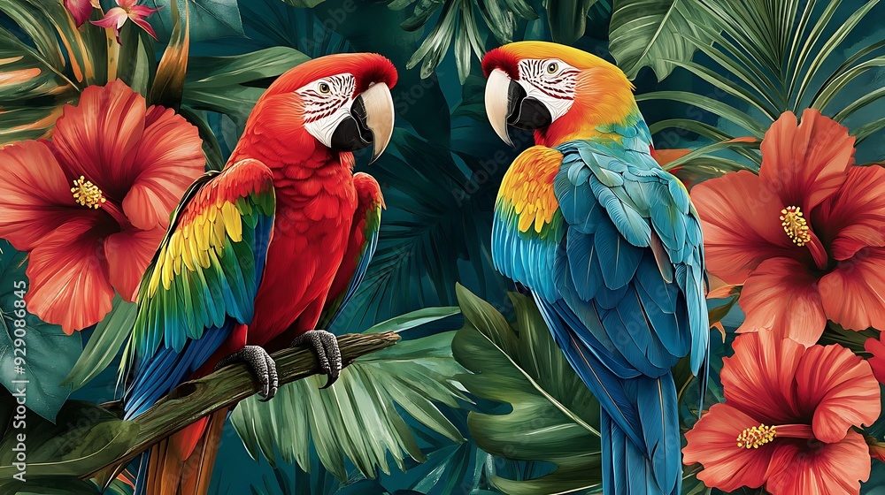 Fototapeta premium Two Macaws Perched Among Lush Tropical Foliage and Hibiscus Flowers