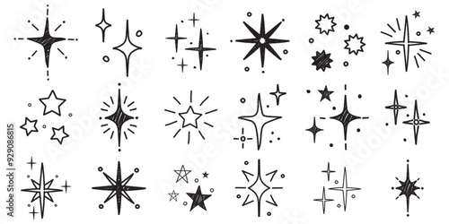 Hand drawn star sparkle shine of doodle set.  Charcoal pen drawn star shine glow, spark glitter, sparkle light. Vector chalk graphic elements