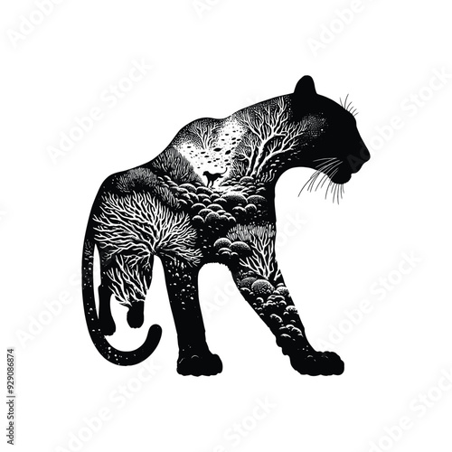 silhouette of Panther filled with underwater view with coral in rough drawing, minimalist,