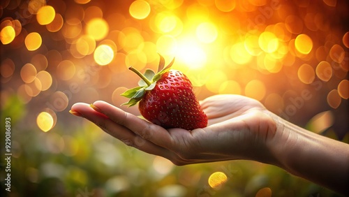 Sensual close-up of a delicate hand cradling a ripe, juicy strawberry, conveying longing and temptation, with soft focus and warm golden lighting.