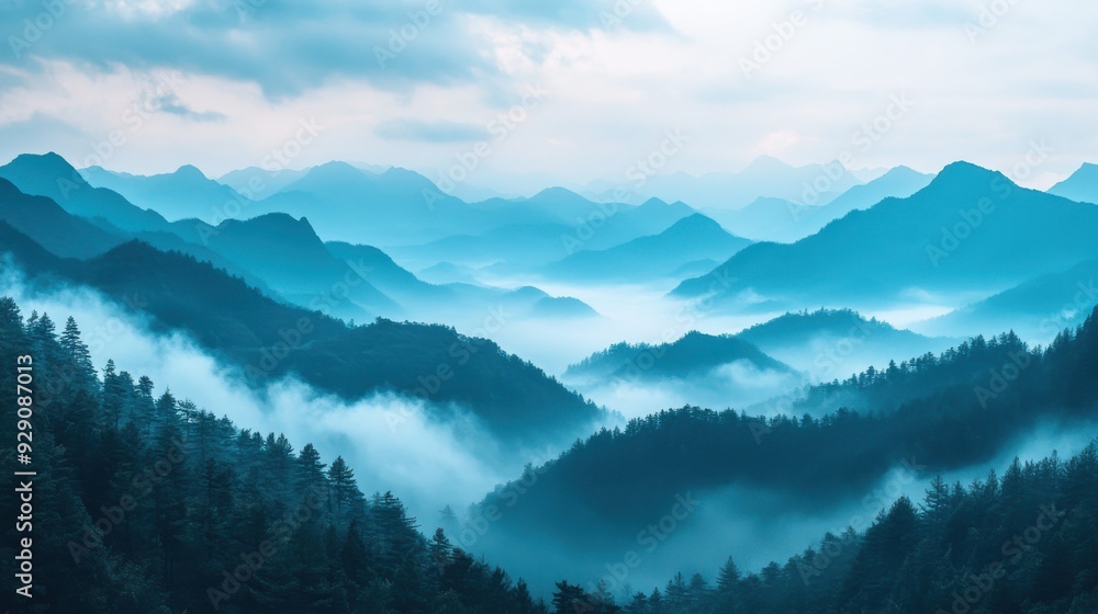 Majestic Mountain Range In Mist. Tranquility concept Majestic Mountain Range In Mist. Tranquility concept