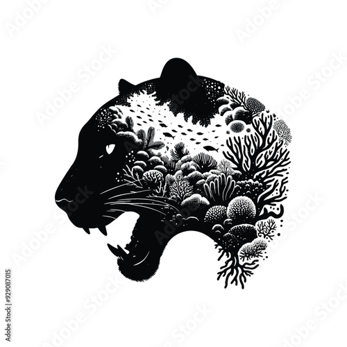 silhouette of Panther , filled with underwater view with coral in rough drawing, minimalist,
