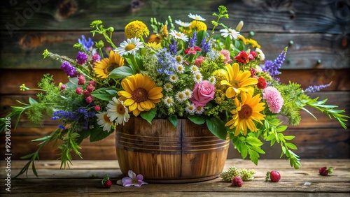 Wallpaper Mural Serene and peaceful atmosphere of a still life arrangement featuring a mix of summer flowers and lush greenery in a rustic wooden vase. Torontodigital.ca