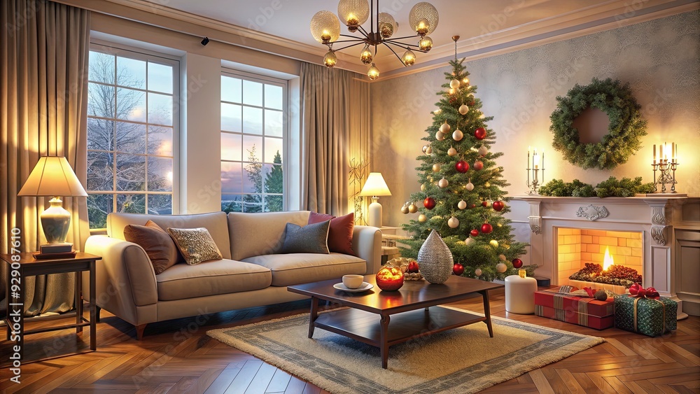 Serene atmosphere pervades a warm and inviting living room scene featuring plush furniture, soft lighting, and a beautifully decorated Christmas tree. Serene atmosphere pervades a warm and inviting living room scene featuring plush furniture, soft lighting, and a beautifully decorated Christmas tree.