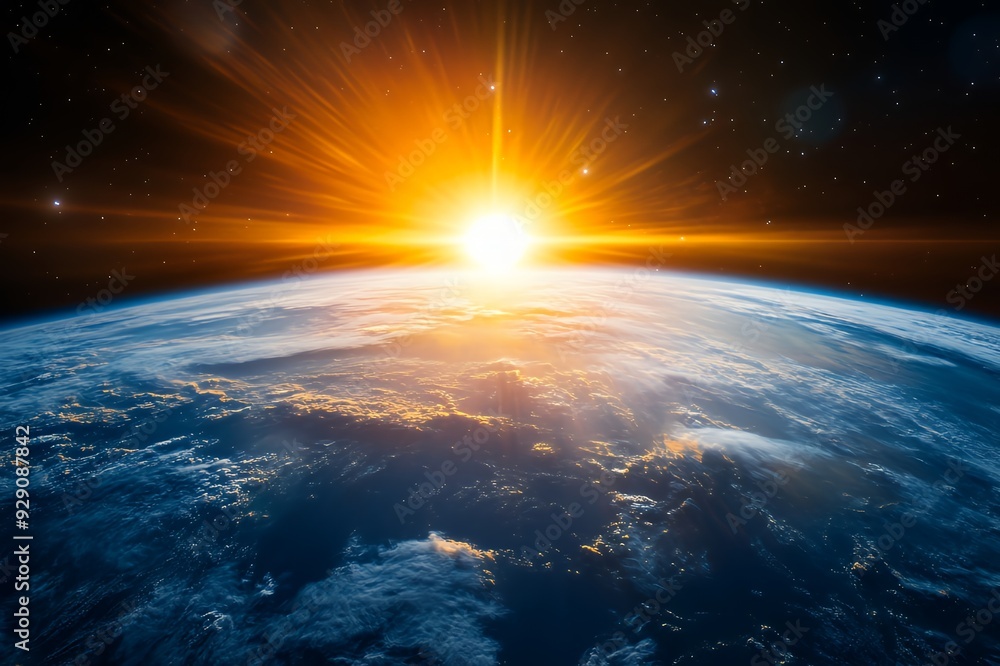 A breathtaking view of Earth from space with a sunrise illuminating the horizon. A breathtaking view of Earth from space with a sunrise illuminating the horizon.
