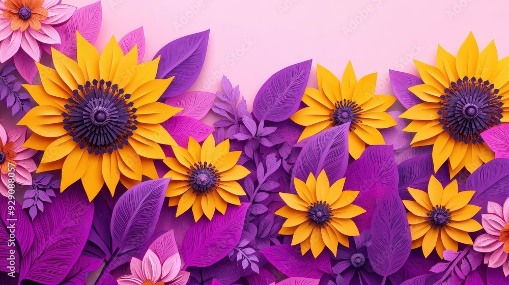 A vibrant paper art design featuring colorful flowers and leaves. A vibrant paper art design featuring colorful flowers and leaves.