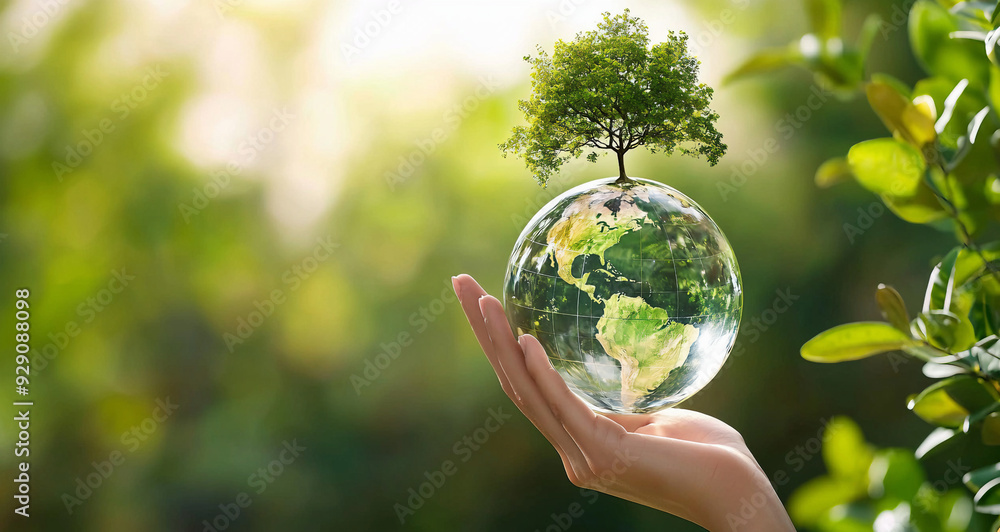 Hand holding glass globe ball with tree growing and green nature blur ...