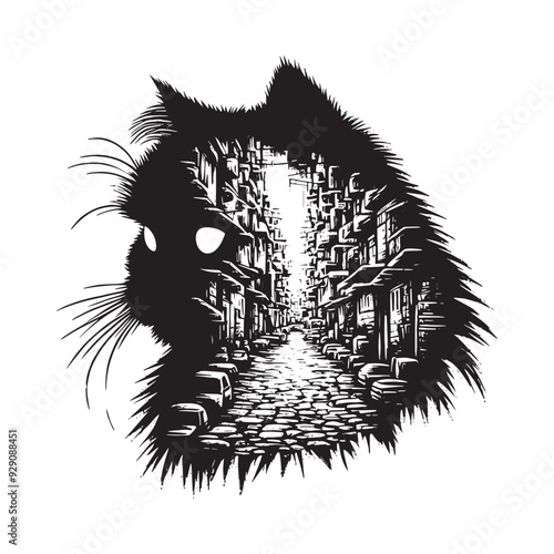 silhouette of Persian cat , filled with ghetto street in rough drawing, minimalist,