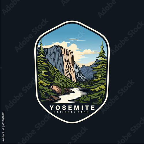 Emblem sticker patch logo illustration of Yosemite National Park on dark background