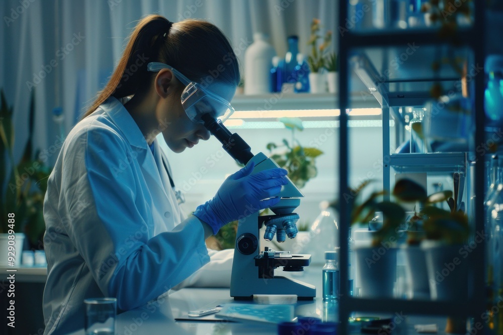 Female scientist examining samples under a microscope in a laboratory at night, surrounded by plants and glassware Female scientist examining samples under a microscope in a laboratory at night, surrounded by plants and glassware