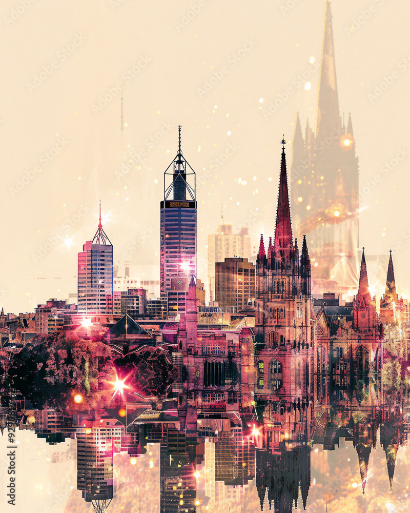 Adelaide Skyline: Iconic Architecture in Double Exposure - A city with many tall buildings Adelaide Skyline: Iconic Architecture in Double Exposure - A city with many tall buildings