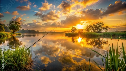 Wallpaper Mural Serene Florida sunrise casts a warm golden glow on a tranquil lake, where a lone fishing rod awaits a bite amidst lush green vegetation. Torontodigital.ca