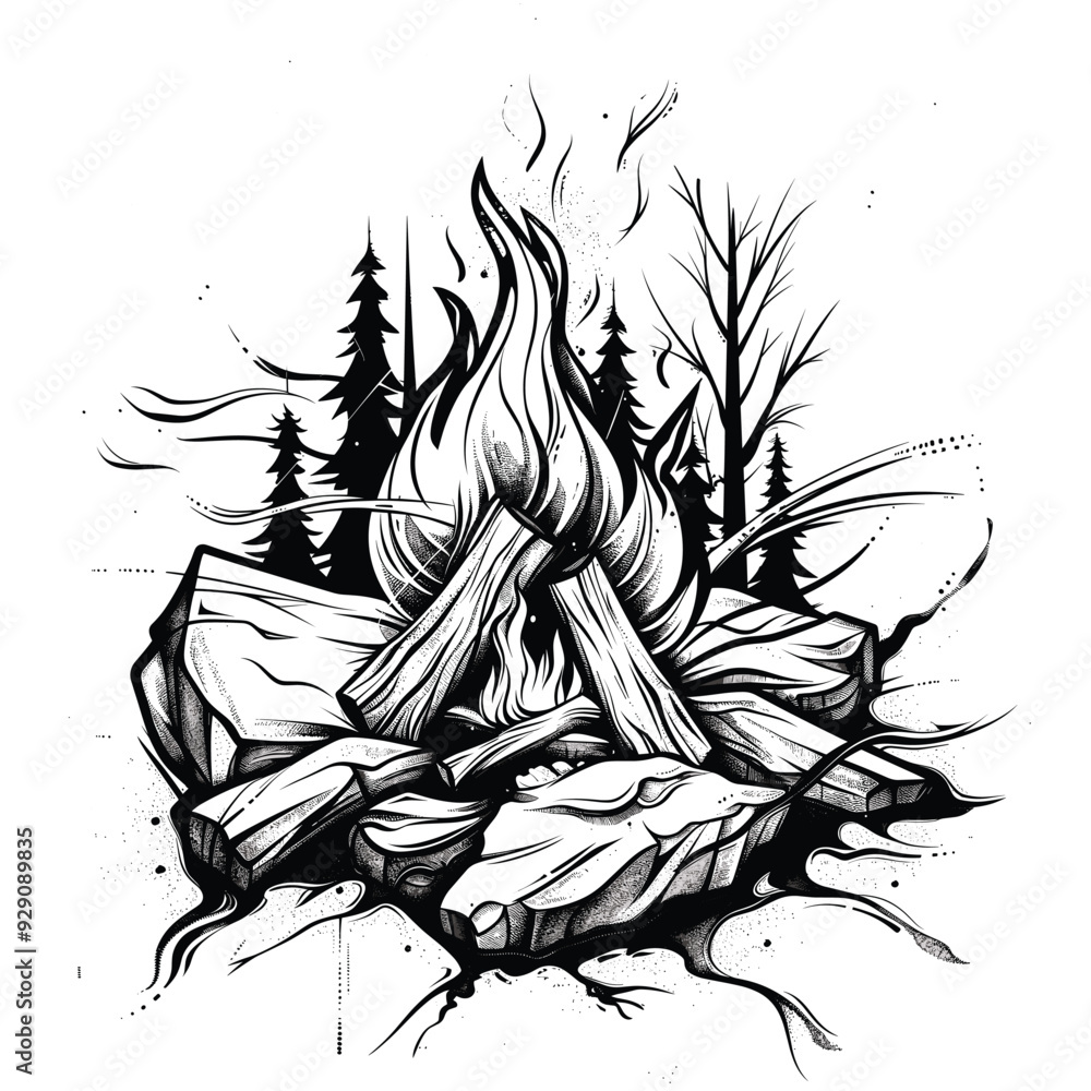 Minimalist black and white illustration of a campfire, designed in a tattoo style.
Minimalist black and white illustration of a campfire, designed in a tattoo style.