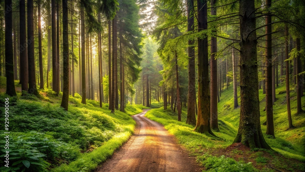 Serene forest scene featuring a winding dirt trail that disappears into the dense woodland, surrounded by towering trees and lush green undergrowth. Serene forest scene featuring a winding dirt trail that disappears into the dense woodland, surrounded by towering trees and lush green undergrowth.