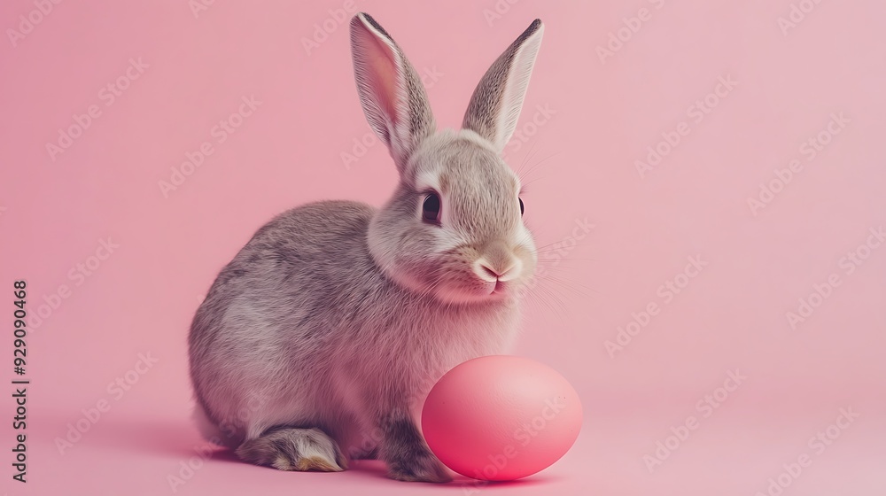 Obraz premium A fluffy gray rabbit sits in front of a pink egg on a pink background.