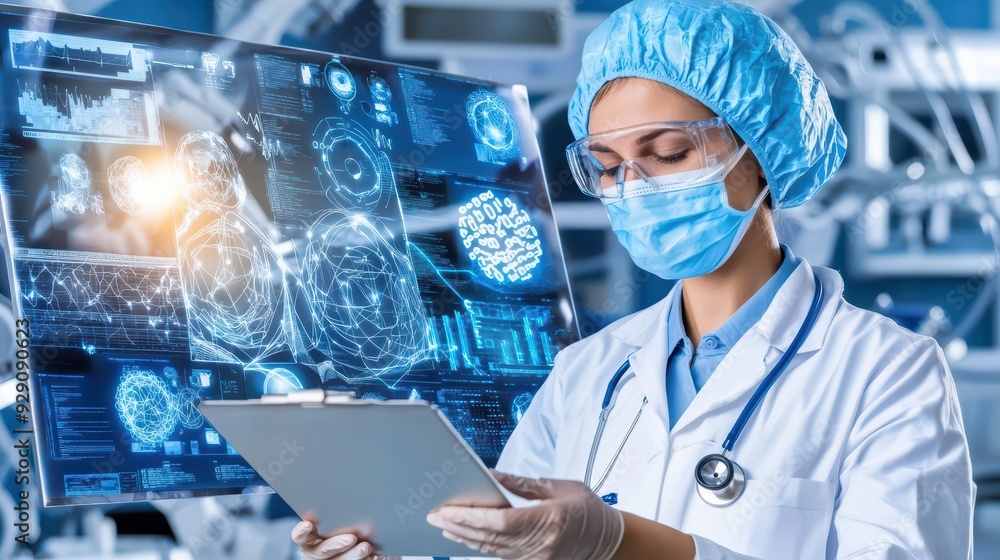 Scientist in lab coat examines data on digital screen with advanced medical technology in modern laboratory. Scientist in lab coat examines data on digital screen with advanced medical technology in modern laboratory.