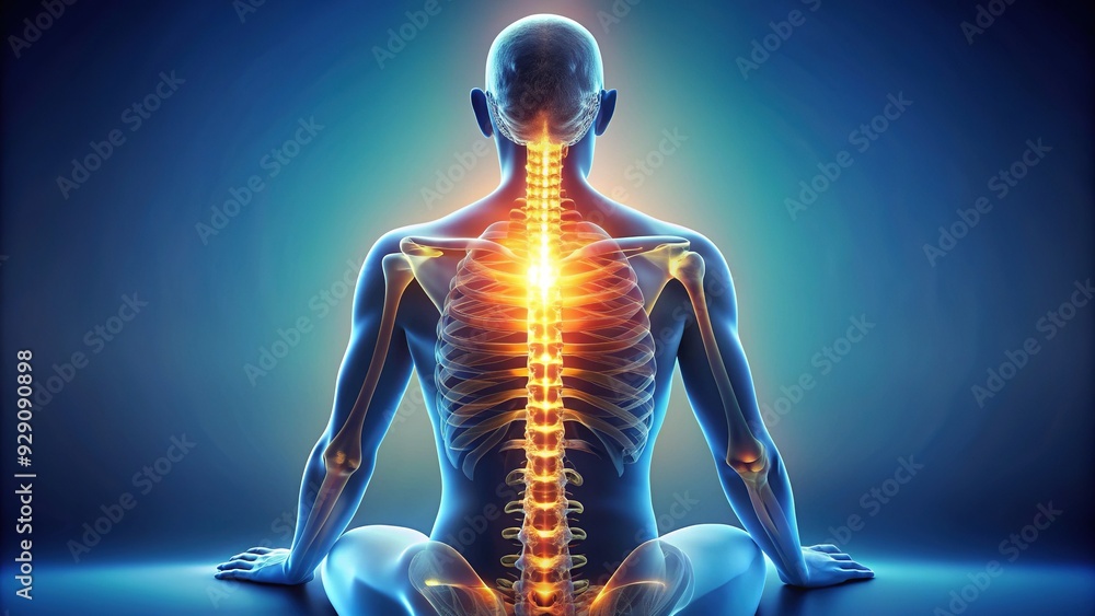 Serene illustration of the human spine with gentle stretching and decompression, highlighting relief from back pain and tension in a calming atmosphere. Serene illustration of the human spine with gentle stretching and decompression, highlighting relief from back pain and tension in a calming atmosphere.
