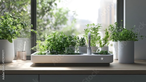 Fresh herbs grow abundantly in pots, set against a sunlit kitchen backdrop, enhancing the vibrant atmosphere