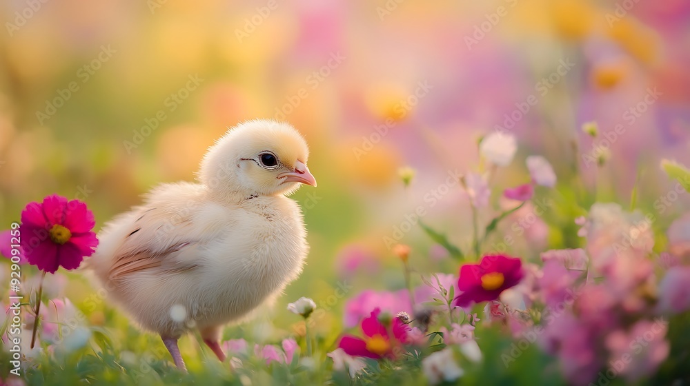 A fluffy yellow chick stands in a field of pink and white flowers, looking to the side. A fluffy yellow chick stands in a field of pink and white flowers, looking to the side.