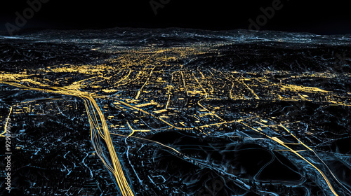 Technical aerial visual, 3D LiDAR GIS aerial map satellite scan model isolated, showing West Covina. Elevation, topography, render photo