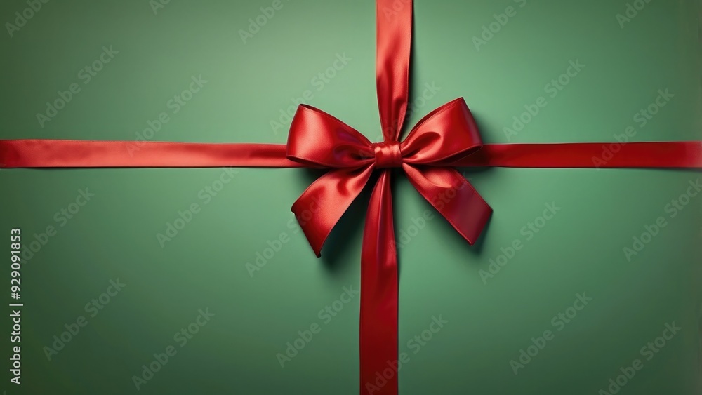 Green background with a red ribbon and bow, Christmas present. Green background with a red ribbon and bow, Christmas present.