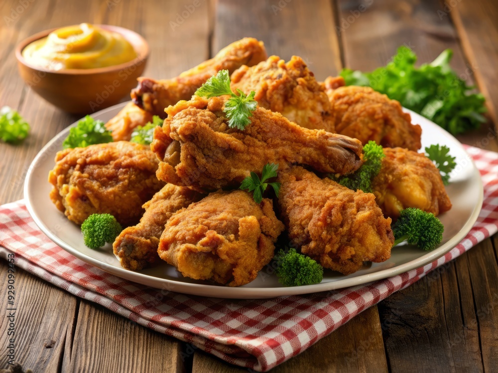 Crispy Fried Chicken Drumsticks with Mustard Dip on Plate Crispy Fried Chicken Drumsticks with Mustard Dip on Plate