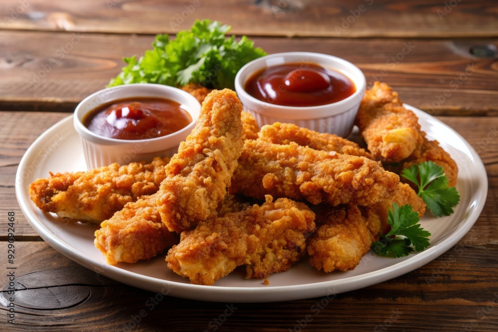Crispy Chicken Tenders with Ketchup Dipping Sauce on White Plate Crispy Chicken Tenders with Ketchup Dipping Sauce on White Plate