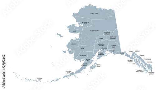 Alaska, U.S. state, gray political map, subdivided into 19 organized boroughs and 11 census areas. State on the northwest extremity of North America in the Western United States region. Last Frontier.