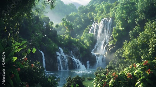 Lush Tropical Waterfall in a Misty Jungle