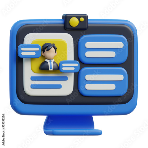 3D Rendered Illustration of a Computer Screen with a Profile Picture and Chat Bubbles