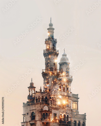 Al-Hasakah Skyline Art: Double Exposure Local Icons - A building with a tower and many windows photo