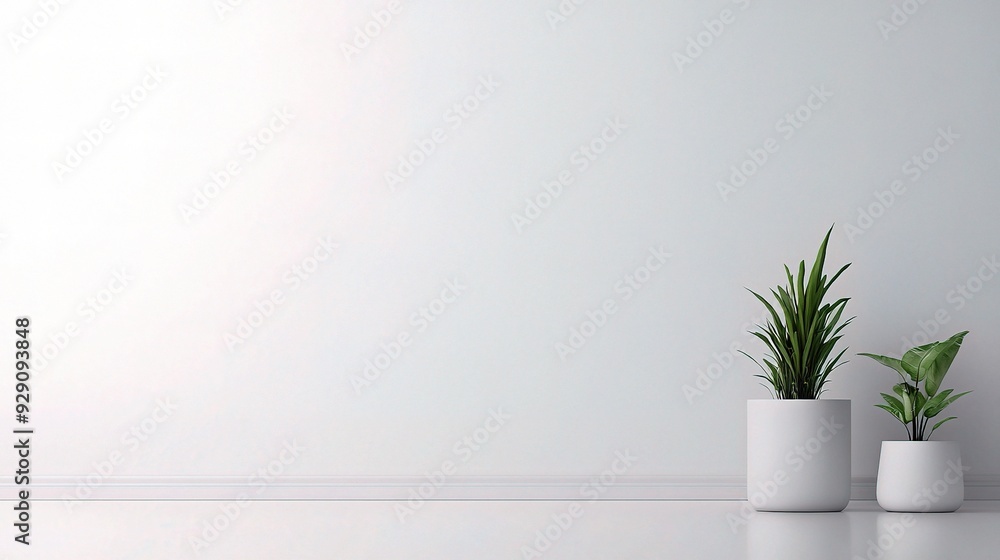 Serene Minimalism: Two potted plants grace a pristine white room, their vibrant green contrasting beautifully with the minimalist backdrop. Serene Minimalism: Two potted plants grace a pristine white room, their vibrant green contrasting beautifully with the minimalist backdrop.